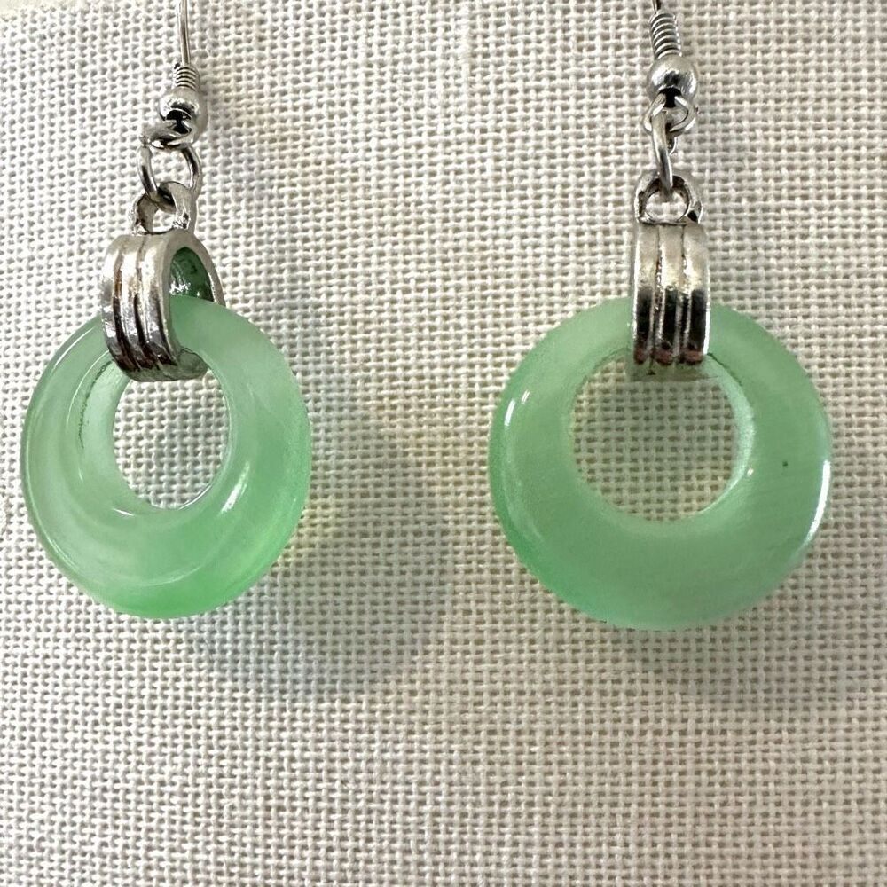 Silver tone and green round donut earrings